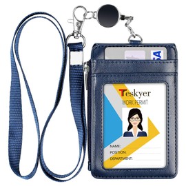 Teskyer ID Badge Holder with Retractable Lanyard, 4 Card Slots, Premium PU Leather ID Card Holder with Zipper Pocket, Easy Swipe ID Holder for Work ID, School ID, Metro Card and Access Card