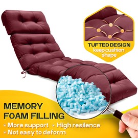 MAGIC ELEPHANT Chaise Lounge Cushion Outdoor, Memory Foam Patio Lounge Chair Cushion with Ties for Indoor Outdoor Furniture, Waterproof Replacement Long Chair Cushion (Red)