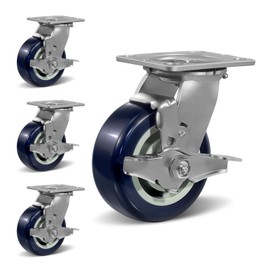 CWfutureparts 5"X2" Heavy Duty Industrial Plate Casters, Polyurethane On Polypropylene Core, 4 Brake Casters, 3200 lbs Total Capacity