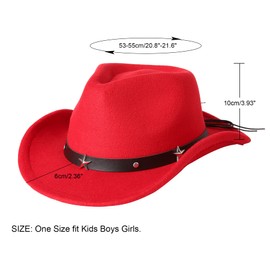 Jastore Kids Girls Boys Western Cowboy Cowgirl Hat with Buckle Belt Felt Fedora Hat (Red, 4-12 Years)