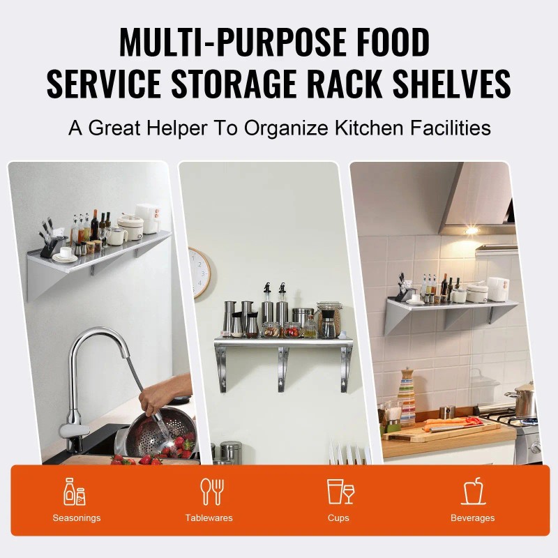 18\" X 72\" Stainless Steel Wall Mounted Floating Shelving Commercial