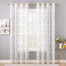 MIULEE Decorative Sheer Curtains with Embroidered Leaf Pattern for Living Room Elegant Grommet Embroidery Window Voile Bedroom Drape 2 Panels 54 x 84 Inches Grey