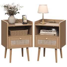 Night stand Set of 2, Bedside Tables with Charging Station, Rattan End Tables, Bed Side Tables, Wood Nightstands set of 2 for Farmhouse Kids' Room Bedroom Living Room Dorm Sofa Office Corner(Brown)