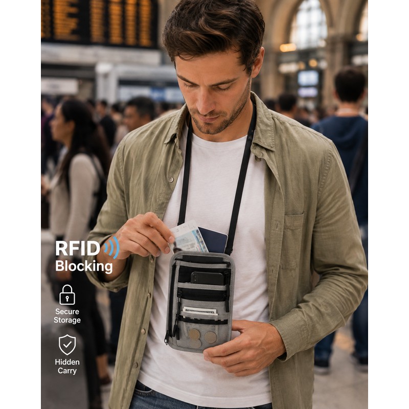 RFID Blocking Travel Neck Wallet for Passports – Lightweight Hidden