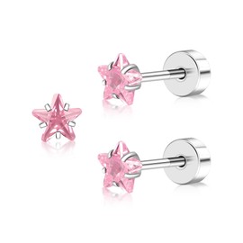 Women's Flat Back Earrings,Hypoallergenic & Comfort Fit for Sleeping,Star Cubic Zirconia Stud Earrings,Titanium Screw Back,4mm Pink CZ Flatback Studs(Pink Star CZ-4MM)