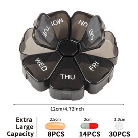 Qeedee Weekly Pill Organizer, Large Daily Pill Case Portable Travel 7 Day Pill Box Dispenser with Large Compartments for Pills Vitamins Fish Oil, Classic Black