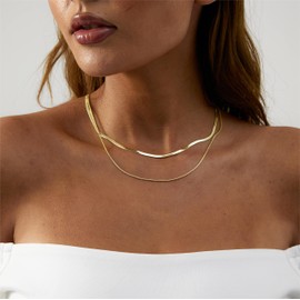 VIROMY Layered Necklaces for Women Dainty Gold Necklace 14K Gold Plated Flat Herringbone Chain Choker Classic Snake Chain Necklace Simple Gold Necklaces for Women Girls Everyday Gold Jewelry Gift