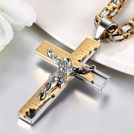 JewelryWe Stainless Steel Cross Rood Jesus Crucifix Bible Prayer English Pendant with 65 cm Byzantine Chain Retro Necklace for Men Silver Gold Black with Free Engraving, Stainless Steel, gold