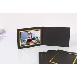HOTUO 12 Pack Cardboard Photo Folders, Black/Gold Paper Photo Frame Cards for 4x6 Photo, Best Paper Greetings/Invitation Cards for Gtadution, Christmas, Wedding, Picture Inset Notecard(Horizontal)