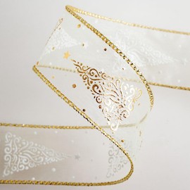 Italian Options Christmas Ribbon - Gold Foil Christmas Tree Cream Organza (38mm x 10 Mtr/Wired Edge)