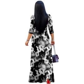 pnpednde Women's Plus Size Maxi Black White Flower Print Dress Casual Summer Sundress V-Neck 3/4 Sleeve with Belt(Floral-158 X-Largel)