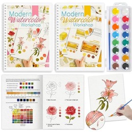 2 Piezas Cuaderno de Acuarela para Principiantes, Kit Acuarelas con 24 Páginas y 16 Colores, Libro para Pintar con Acuarelas de 300g para Niños y Adul