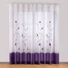 SIMPVALE Sheer Voile Floral Embroidery Curtains with Eyelets Transparent Curtain Living Room Bedroom Purple 140 x 245 cm (W x H) Pack of 2