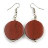 Brown Wood Coin Drop Earrings - 55mm L