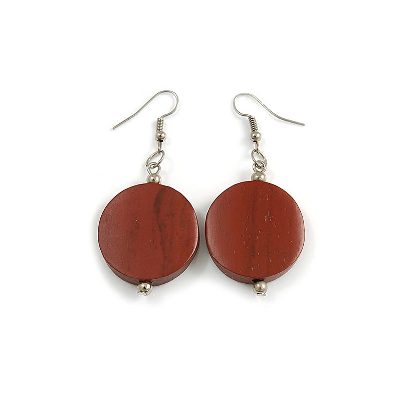 Brown Wood Coin Drop Earrings - 55mm L