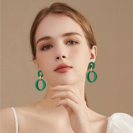 Vavhoo Candy Color Long Chain Link Dangle Earrings for Women Gold Plated Retro Oval Round U Shape Earring Studs (Dark Green)