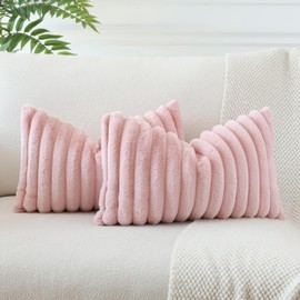 Sungeek Set of 2 Blush Pink Faux Rabbit Fur Cushion Covers 30x50 cm, Soft Cozy Plush Striped Decorative Throw Pillow Covers 12x20 inch Velvet Lumbar Pillowcases for Sofa Bedroom
