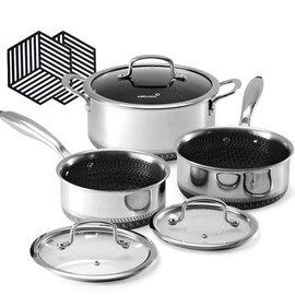 Hybrid Nonstick 6-Piece Pot Set with 2 Silicone Trivets, 1.5 QT Sauce Pan, 2 and 5.2 QT Stock Pot with Glass Lids, Stay-Cool Handles, Dishwasher-Friendly, Induction-Ready, Compatible All Cooktops