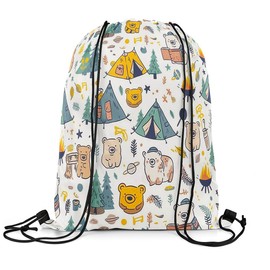 Feelyou Cartoon Bear Drawstring Backpack 13"x15.7" Wild Animal Sports Gym String Bag Happy Camping Drawstring Bags Tent Fire Waterproof Cinch Bag Travel Sports Drawstring Sackpack