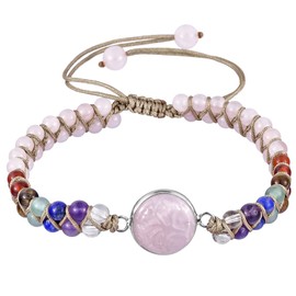 mookaitedecor Healing Stone Tree of Life Bracelet for Men and Women, 4 mm 7 Chakra Beads, Adjustable Double Braided Bracelets for Yoga, Healing, Reiki, Stone, Rose quartz stone.