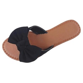 Tiara Slip On Sandal Slide Flat with Knot Bow, Black, 7