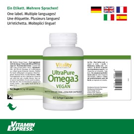 Omega 3 Kapseln Hochdosiert Vegan aus Algenöl mit 375 mg DHA + 125 mg EPA Pro Kapsel (60 Stk) Vitality Nutritionals by VitaminExpress