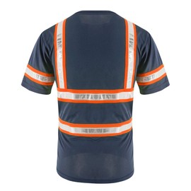 SMASYS Reflective Shirts - High Visibility Short Sleeve T Shirts ANSI with Pockets and Reflective Tape for Men,Women (Orange-Navy,L)