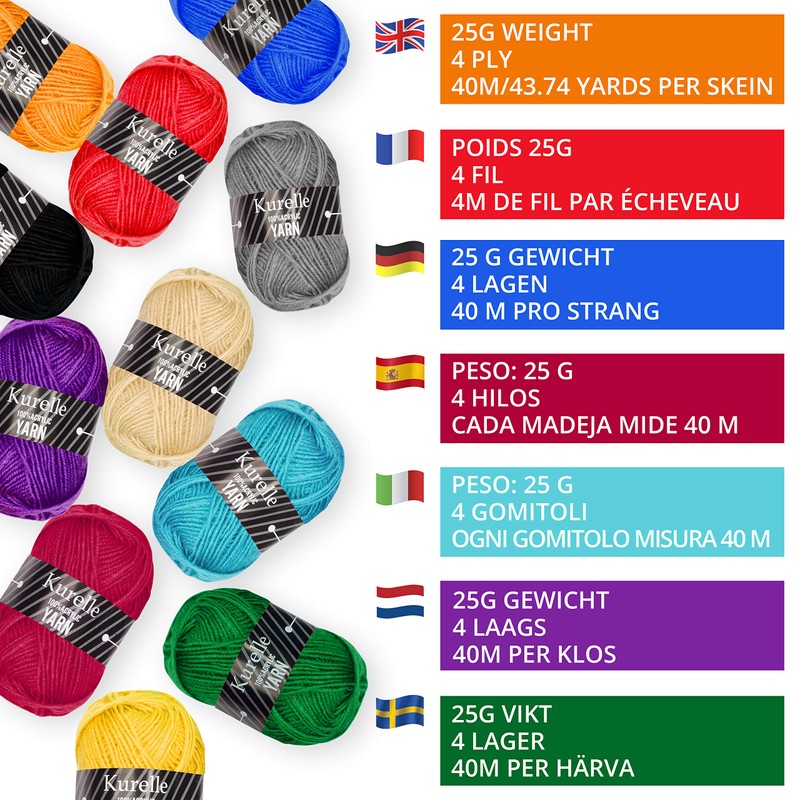 Knitting Yarn (20 Pack) - 25 Grams, 40 metres per