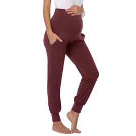 PACBREEZE Women's Maternity Pants Lounge Workout Joggers Over The Belly Pajama Sweatpants Stretchy Pregnancy Pants, A06: Heather Burgundy, Large