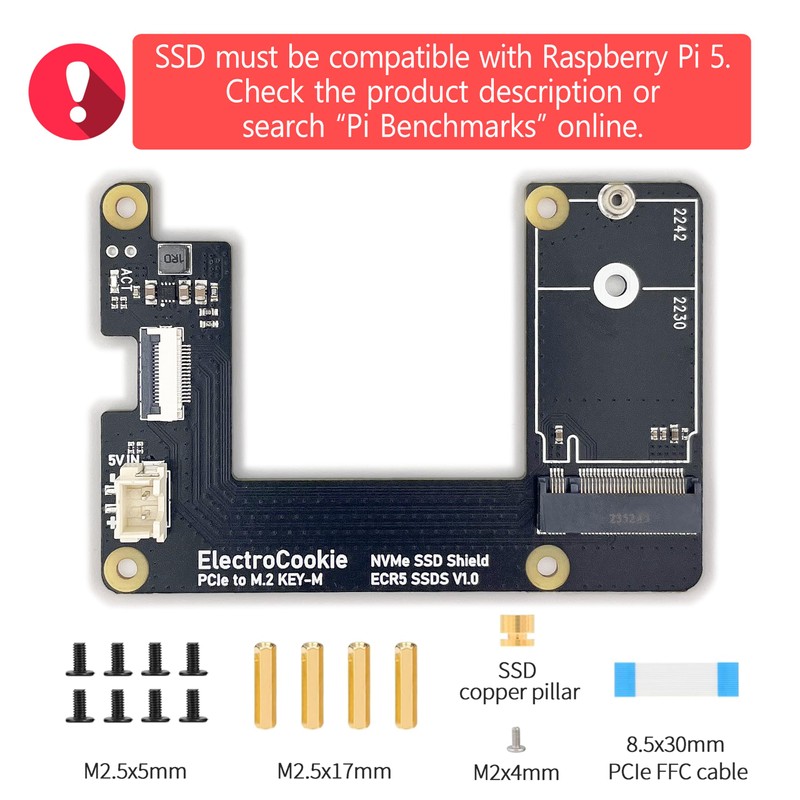 ElectroCookie PCIe to M.2 NVMe SSD HAT Board for Raspberry