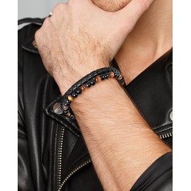 YIBONIKA Gifts for Men Leather Bracelet Natural Stone Tiger's Eye Stone Bead Bracelet Gift for Him Dad Husband Son Grandpa Grandson Nephew Brother Friend for Valentine's Day Father's Day Birthday with