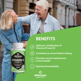 Vitamaze - amazing life Vitamin K2 + K1 Complex - High Strength (K1 1.000 mcg MK4 + K2 200 mcg MK7 Menaquinone) - 120 Vegan Capsules for 4 Months - Best Bioavailability Supplement - Without Additives- Vitamaze
