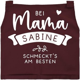 SpecialMe® Cooking Apron Women's Kitchen Apron with Saying "Bei Mama schmeckts am Besten" [German Language], Customisable with Mum Name Bordeaux Red