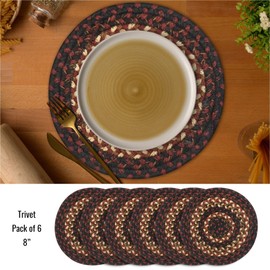 Prescott Premium Jute Braided Trivet by Homespice 8" (Set of 6) Round Black, Red, Brown Reversible, Natural Jute Yarn Rustic, Country, Primitive, Farmhouse Style - 30 Day Risk Free Purchase