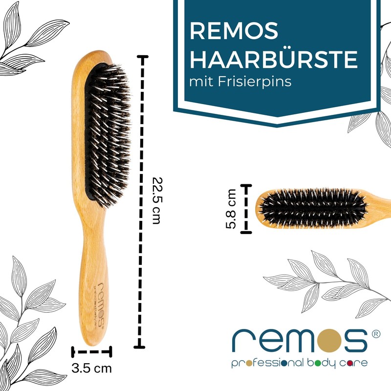 Remos Beech Wood Hair Brush with 100% Boar Bristles and