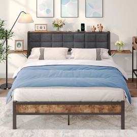 Full Size Bed Frame with Headboard,Metal Platform Bed Frame Full with Storage and USB Charging Station,Upholstered Bed Frames with Metal Slat Support/No Box Spring Needed/ Under Bed Storage/Noise Free
