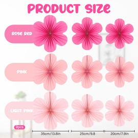 9 Pcs Paper Flowers Decorations, Pink Hanging Paper Fans Decorations for Birthdays Weddings Baby Shower Spring Party Backdrop