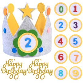 HexinYigjly Birthday Crown, Birthday Children's Crown Girls Interchangeable Numbers from 0-9, Stickers Birthday Fabric Crown Gifts for Girls Boys Children Birthday Decoration (Yellow Grey)