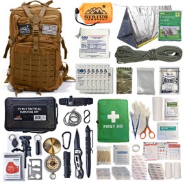 Sirius: Bug Out Bag Starter Kit - 72 Hour Kit for 1 Person – Backpack Survival Kit – 50L Tactical Backpack, US Made Food & Water, Medical Supplies & Survival Tools (Tan, 1 Person)