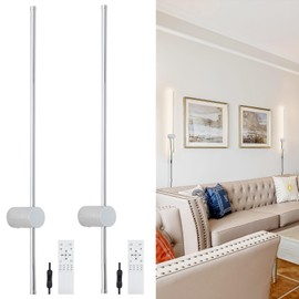 KELUOLY Modern Chrome Plug in Wall Sconce with Remote, Dimmable 31.5" LED Wall Sconces Set of Two with Memory Function, Adjustable Color Temperature Brightness, Timer, 350° Rotate, Hardwire or Plug-in