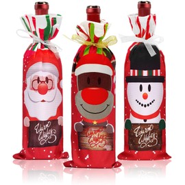 Usluole Christmas Wine Bags, 3 Pcs Wine Bottle Gift Bag with Drawstring, Reusable Cotton Wine Bottle Covers Clothes for Xmas Christmas New Year Holiday Parties Gift Bag