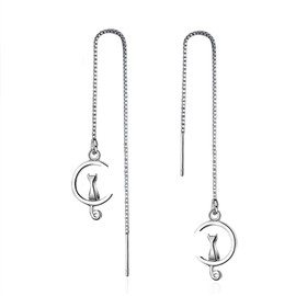Iszie 925 Sterling Silver Cat Dangle Pull Through Drop Girls Women's Earrings Cat lover Gift