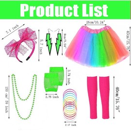 PINEPAN Neon Costume Accessory Set Tutu Skirt Lace Bow Headband Neon Earrings Necklace Leg Warmer Fishnet Gloves Bracelet Rainbow