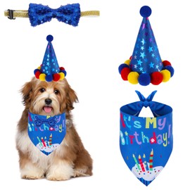 Dog Birthday Bandana Hat Number Set, Party Decorations with Gold Number, Bandana, Reusable Cap for Small Medium Large Dogs Male, Festive, Birthday Boy Design (Blue)