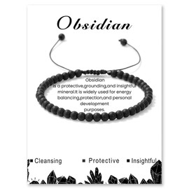 LOCCY Crystal Bracelet for Women, 4mm Natural Stone Bracelet Adjustable Gemstone Stone Bracelets Yoga Beads Bracelets for Women Men for Birthday Christmas Valentine's Gifts (Obsidian)