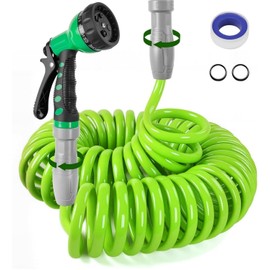 SPECILITE 1/2” Polyurethane Coil Garden Hose 50 FT, PU Flexible Recoil Water Hoses with 6-Pattern Spray Nozzle, Lightweight Water Pipe for Patio, Boat, Greenhouse and Yard (Green)