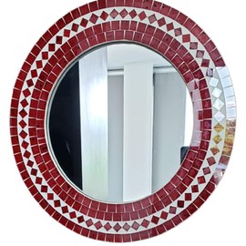 Espejo de pared redondo decorativo de mosaico hecho a mano, de vidrio brillante para decoración del hogar, pasillo, dormitorio, baño, sala de estar, regalo ideal para toda ocasión. (Rojo)