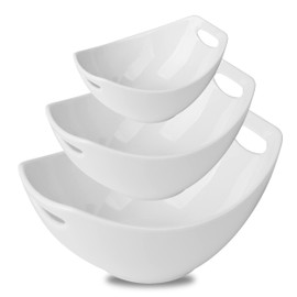 Gomakren Serving Bowls with Handles, Serving Dishes, Porcelain Salad Bowls Mixing Bowl for Entertaining, Nesting Bowl Set of 3, Microwave Dishwasher Safe, 15/28/47 oz, White