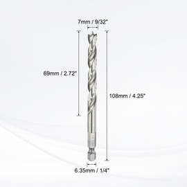 sourcing map Brad Point Drill Bits 7mm(9/32) Dia 1/4" Hex Shank Drill Metric Brad Point 2.72 Drilling Depth Spiral Twist Drill Bits for Carpenter Woodworking Plastic Rubber, Silver
