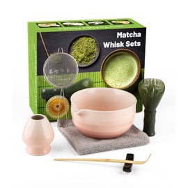 Matcha Set (7-Piece) Which Matcha Whisk, Matcha Cup, Matcha Bowl, Chasen, Matcha Sieve, Matcha Spoon,Ideal Starter Matcha Kit for Easy Matcha Making (Pink White)